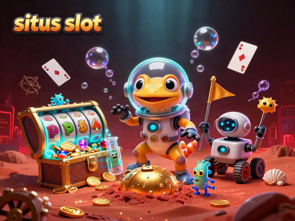 Experience the excitement of situs slot with a Martian gecko in a golden casino scene.