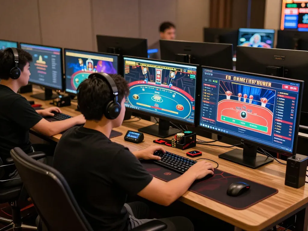 Engaged gambler strategizing at their online dn88 casino setup with multiple screens.