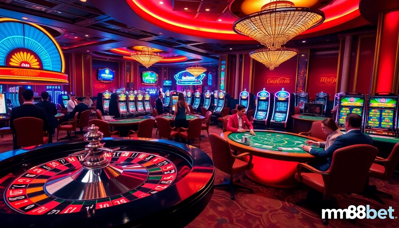 Players enjoying a variety of games at a luxurious casino, highlighting mm88bet excitement.