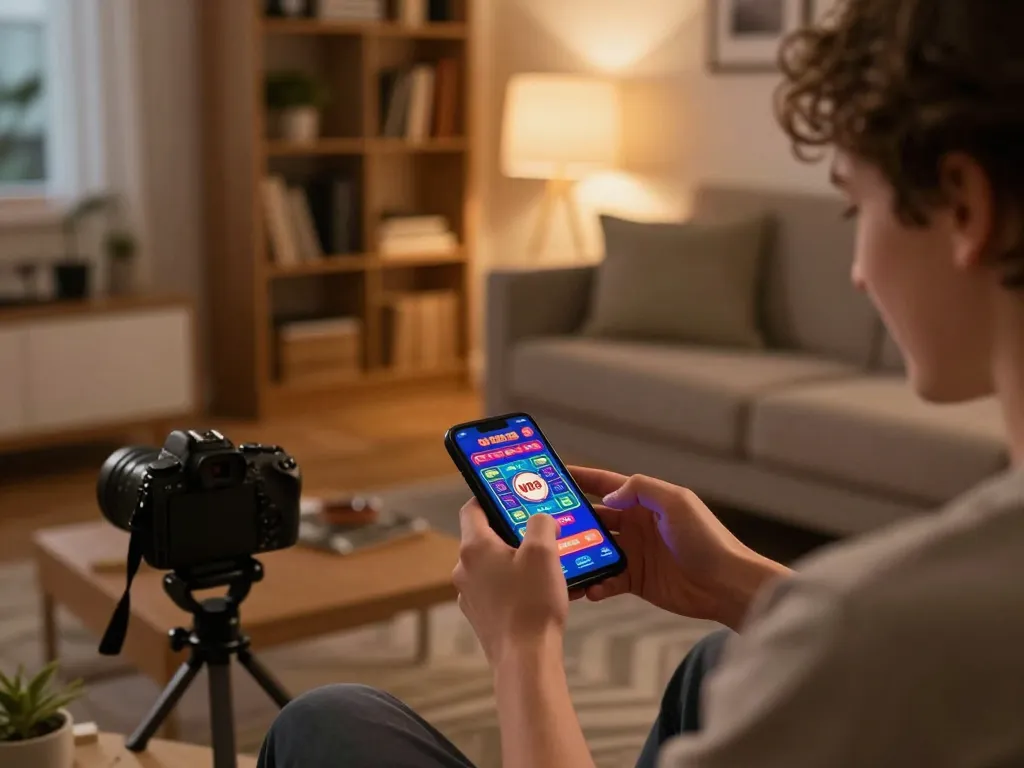 Player using W188 casino app on smartphone, celebrating a win in a cozy home setting.
