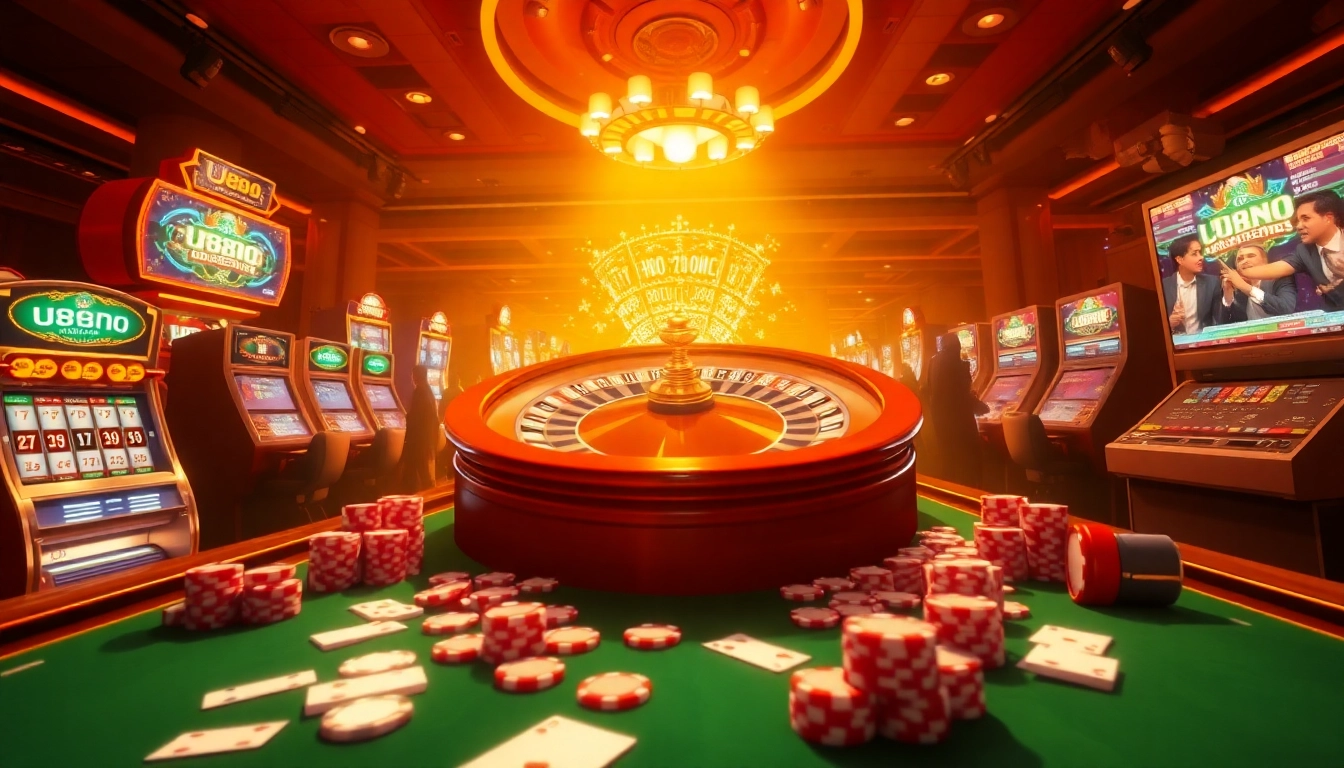Experience the excitement of U888 with vibrant casino visuals featuring roulette, cards, and online interfaces.