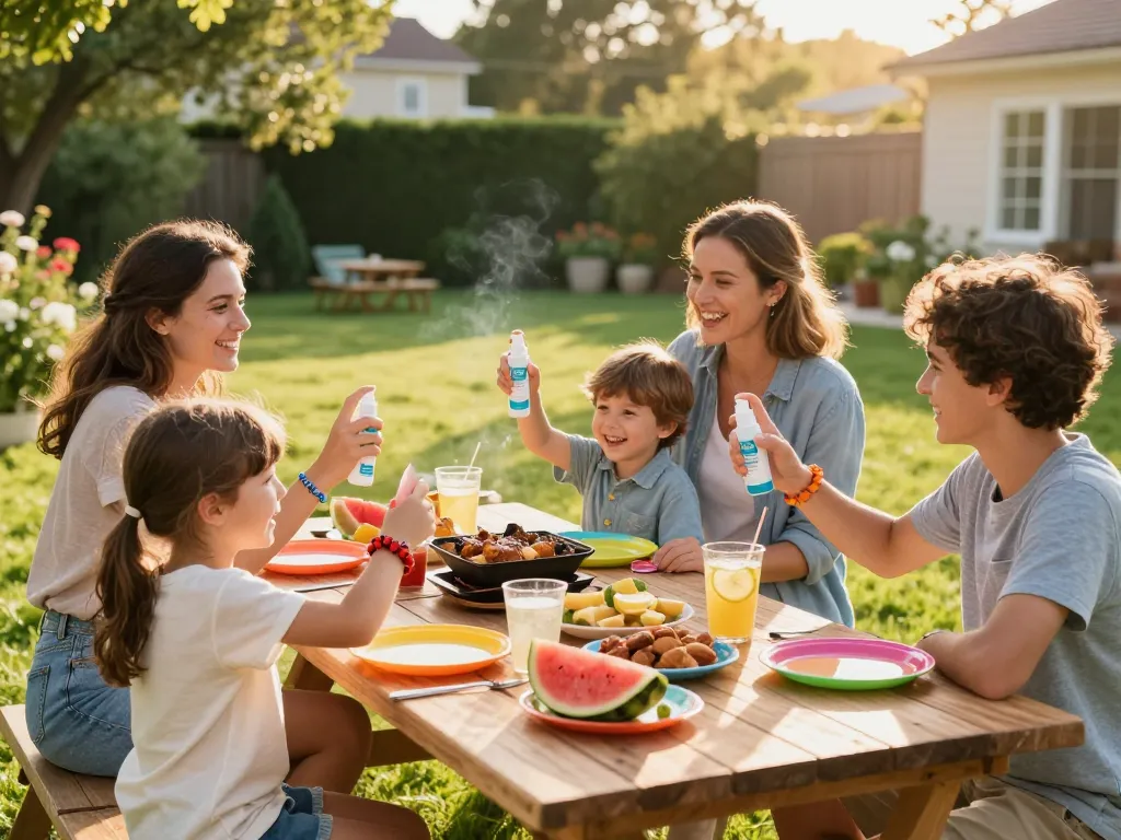 Family applying Best Mosquito Repellent during summer BBQ, enjoying outdoor gathering with lively atmosphere