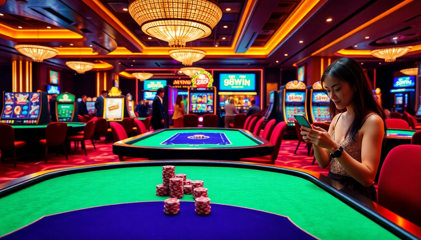 Players engaging with the 98win app in a vibrant casino atmosphere, complete with tables and slot machines.
