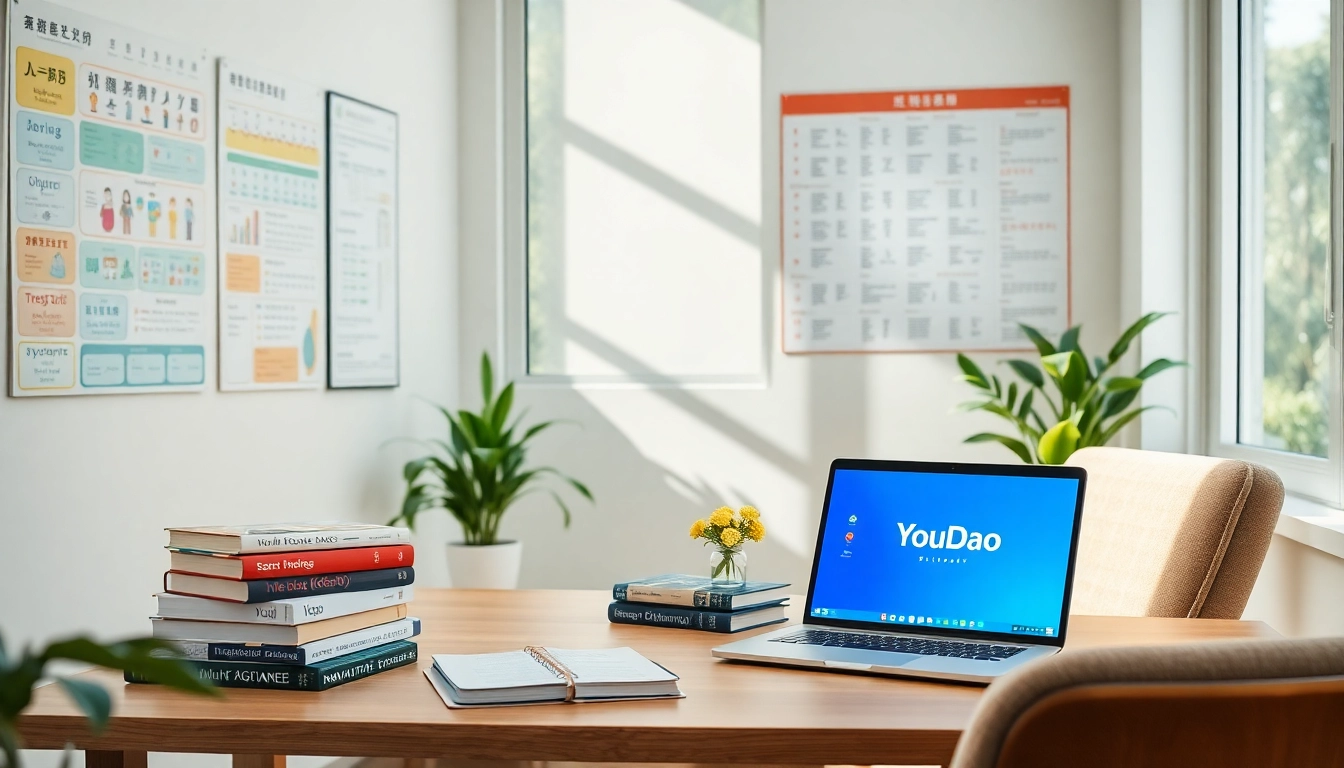 Youdao learning tools and multilingual dictionaries in a modern study setup.