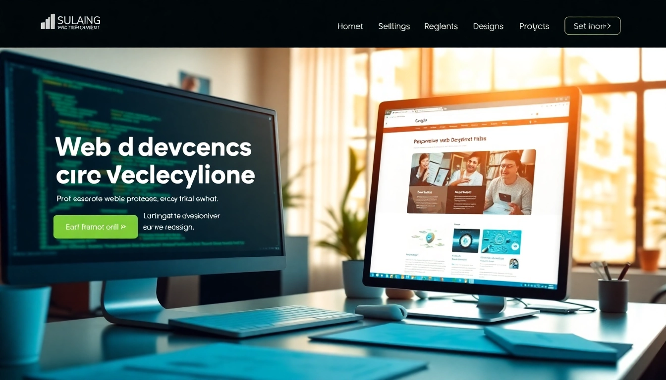Showcasing thiết kế website theo yêu cầu in a modern workspace with high-tech design elements.