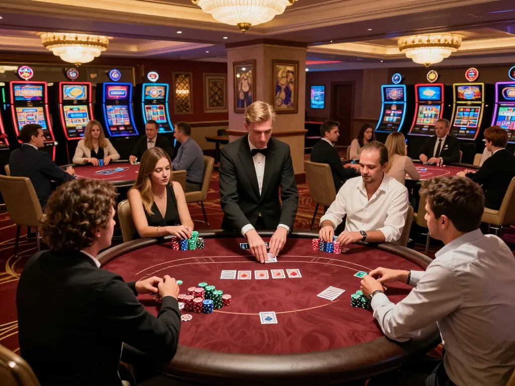 Players engaged in a poker game at a luxurious casino showcasing slot77 gameplay with vibrant atmosphere.