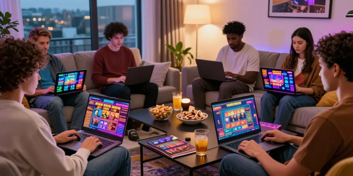 Diverse players enjoying non UK casinos in a cozy living room with vibrant gaming interfaces.