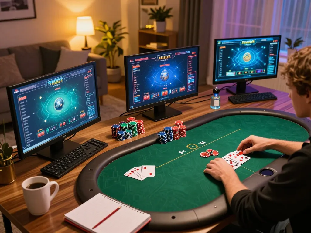 Player immersing in online poker while managing a giường bệnh nhân setup for strategic gameplay