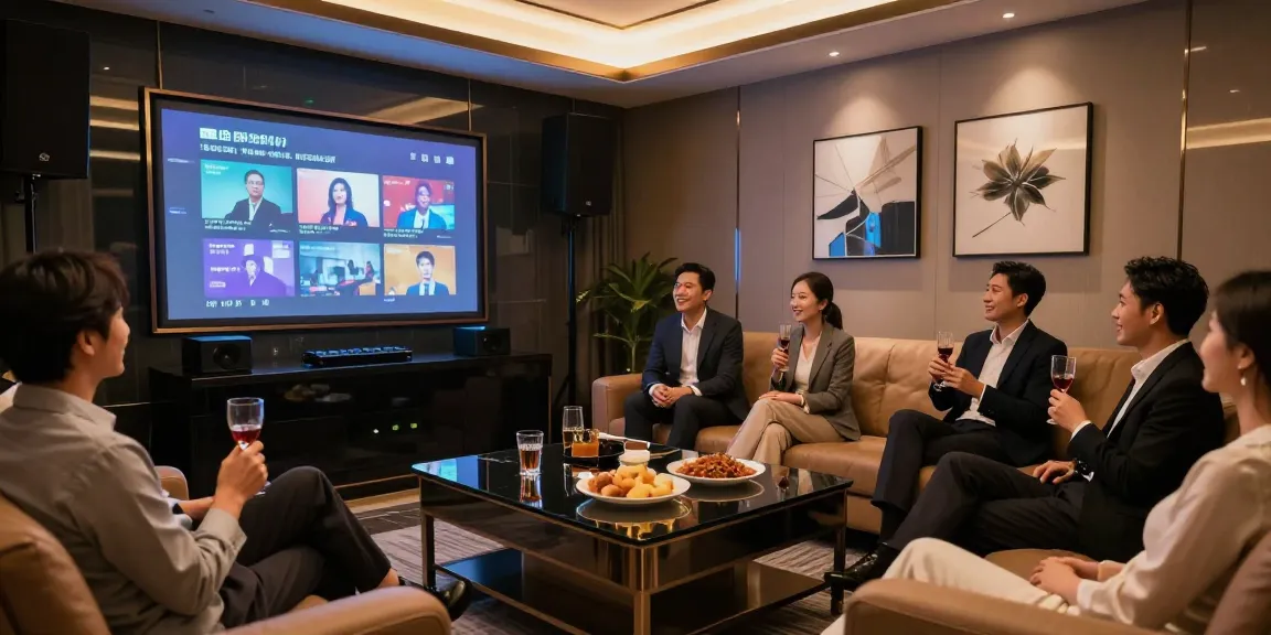 강남쩜오 공간에서 비즈니스 미팅을 즐기는 전문가들 모습, gangnammicroom.com/half의 프라이빗 가라오케를 강조합니다.