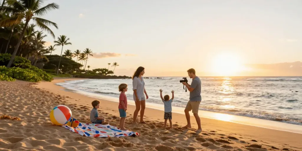 Family photographer Oahu capturing a joyful family on the beach at sunset.