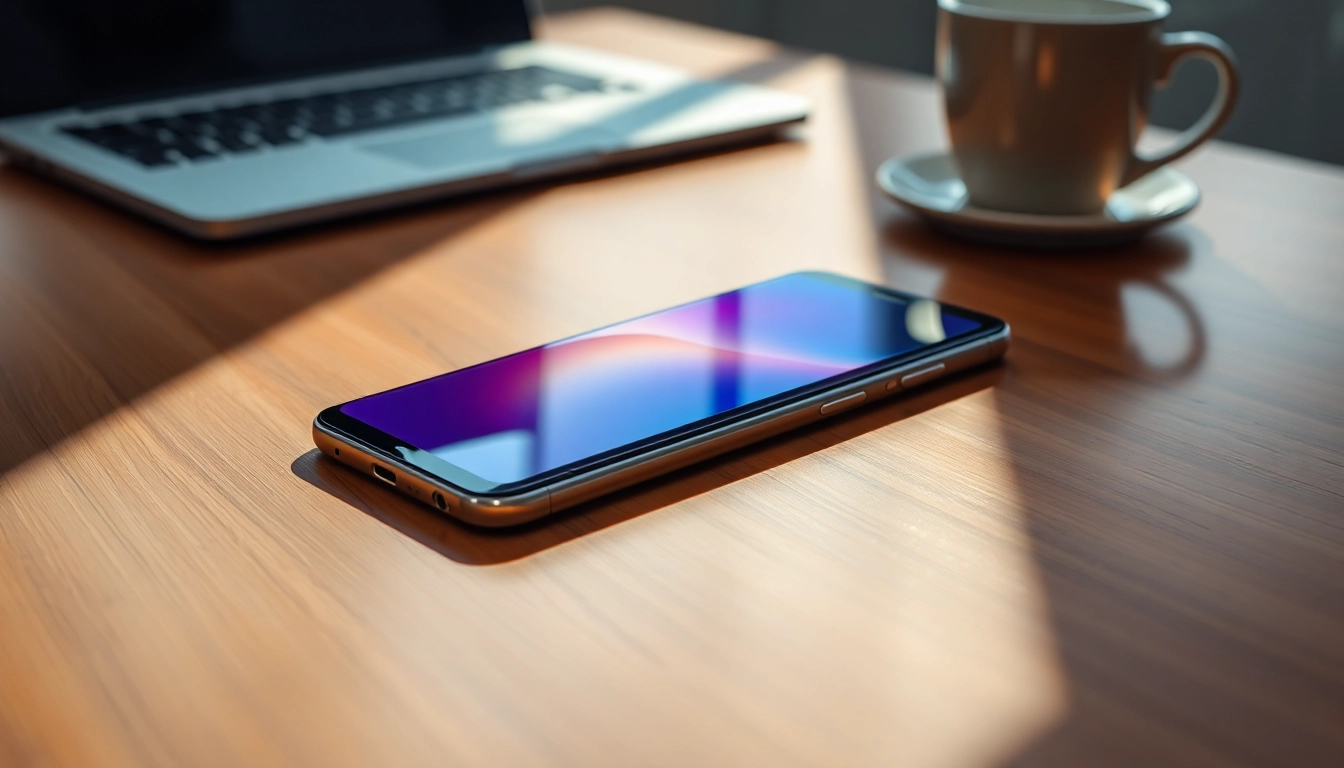 Sleek Samsung Galaxy S8 smartphone with vibrant display on a wooden table, reflecting modern technology.