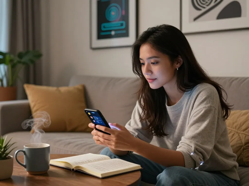 AI girlfriend interaction in cozy living room, showcasing technology's role in modern relationships.