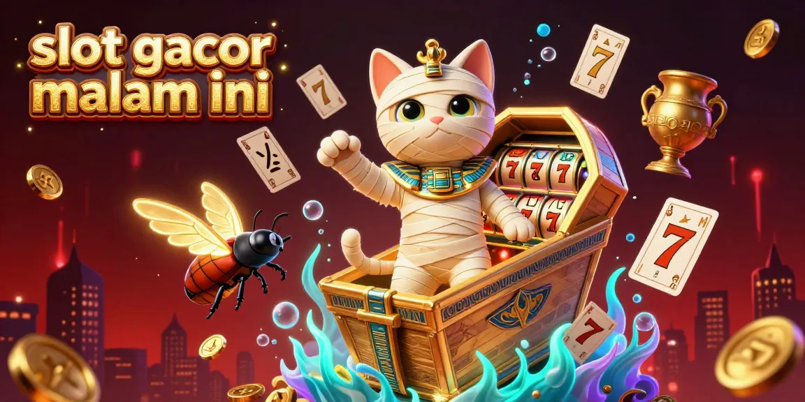 Slot gacor malam ini dalam ilustrasi 3D yang menunjukkan kucing mumi Mesir dan elemen slot kasino yang menarik.