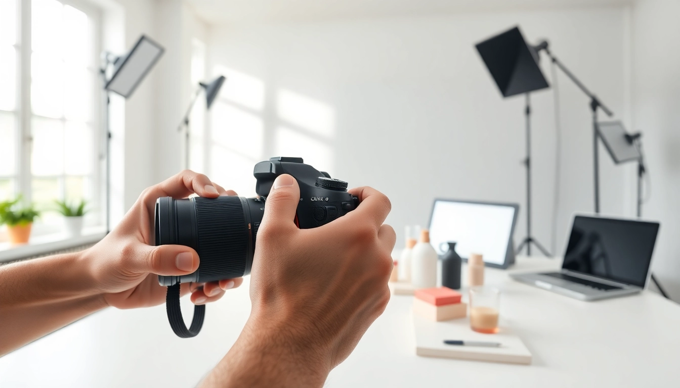 Fotografo ecommerce che ritrae prodotti in uno studio luminoso e professionale.
