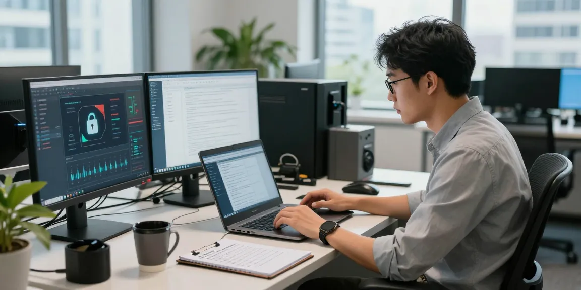 IT specialist analyzing cybersecurity protocols at https://shs-dome5.com/ in modern office.