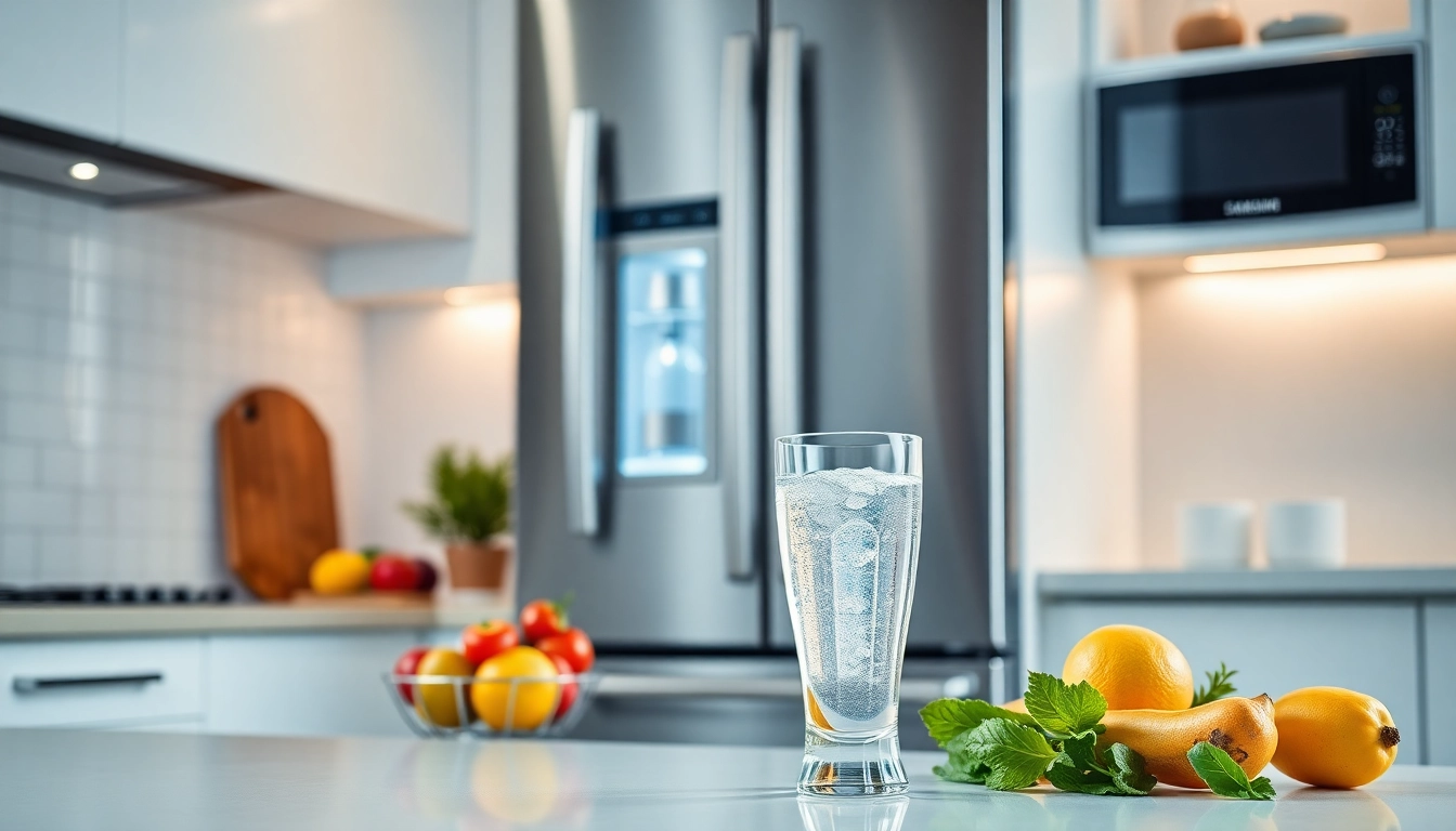 Waterdrop DA29-00020B Refrigerator Water Filter installed with fresh drinking water in a modern kitchen