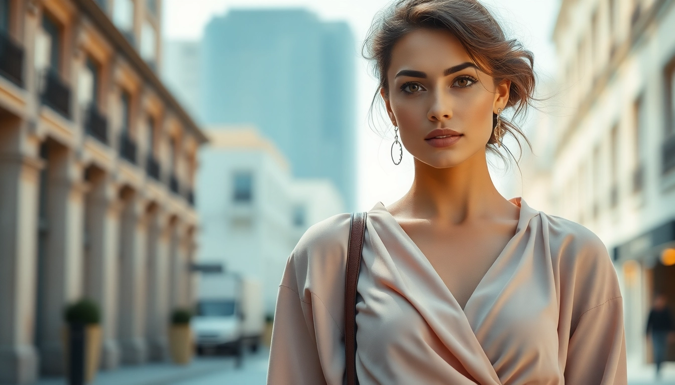 Rivelle fashion model exuding elegance in a chic urban setting with contemporary attire.