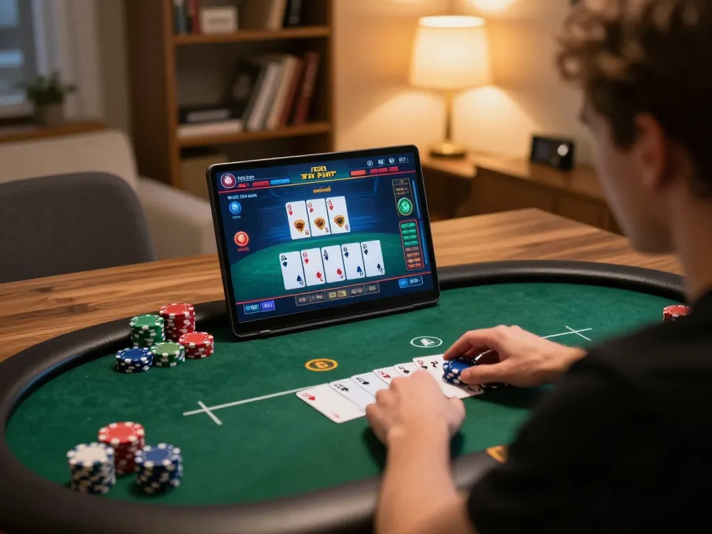 Player engaging with atq com online poker game, focused on strategy in cozy home setting.