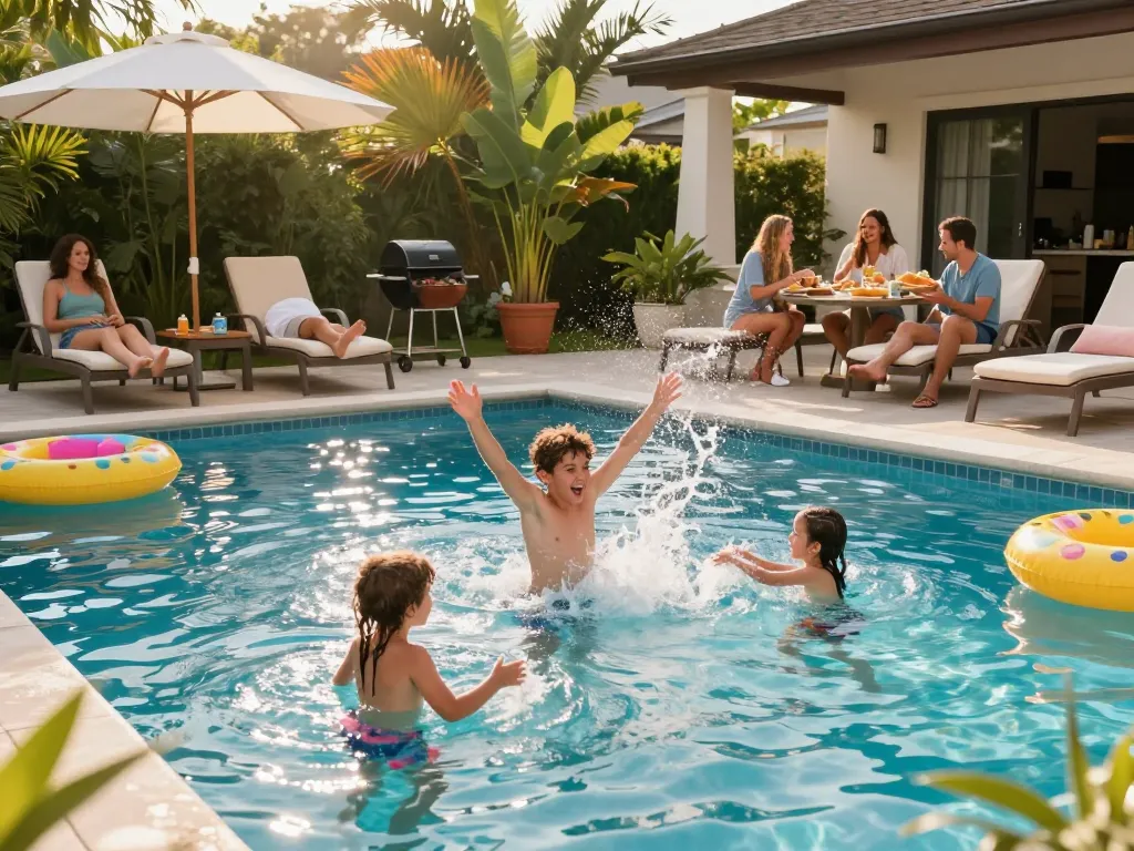 Dolphin Pool Services ensuring families enjoy vibrant pool experiences with happy splashes and relaxation.