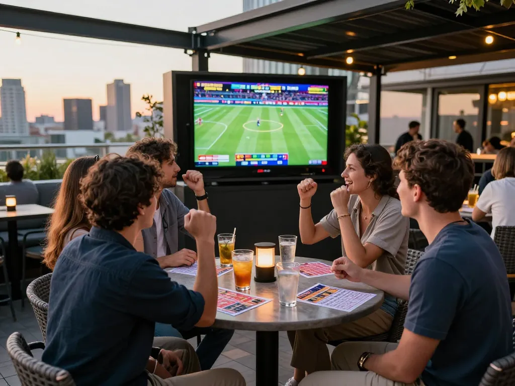 Friends celebrating sports betting excitement at MM88 lounge table with drinks and slips.