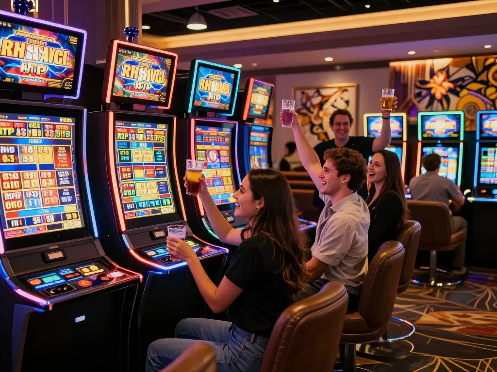 SeKelompok teman merayakan kemenangan di slot gacor hari ini di kasino yang semarak.