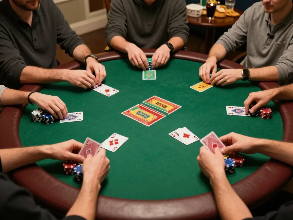 Engaged players strategizing at a home poker night while winning with JPTOTO's effective gambling methods.