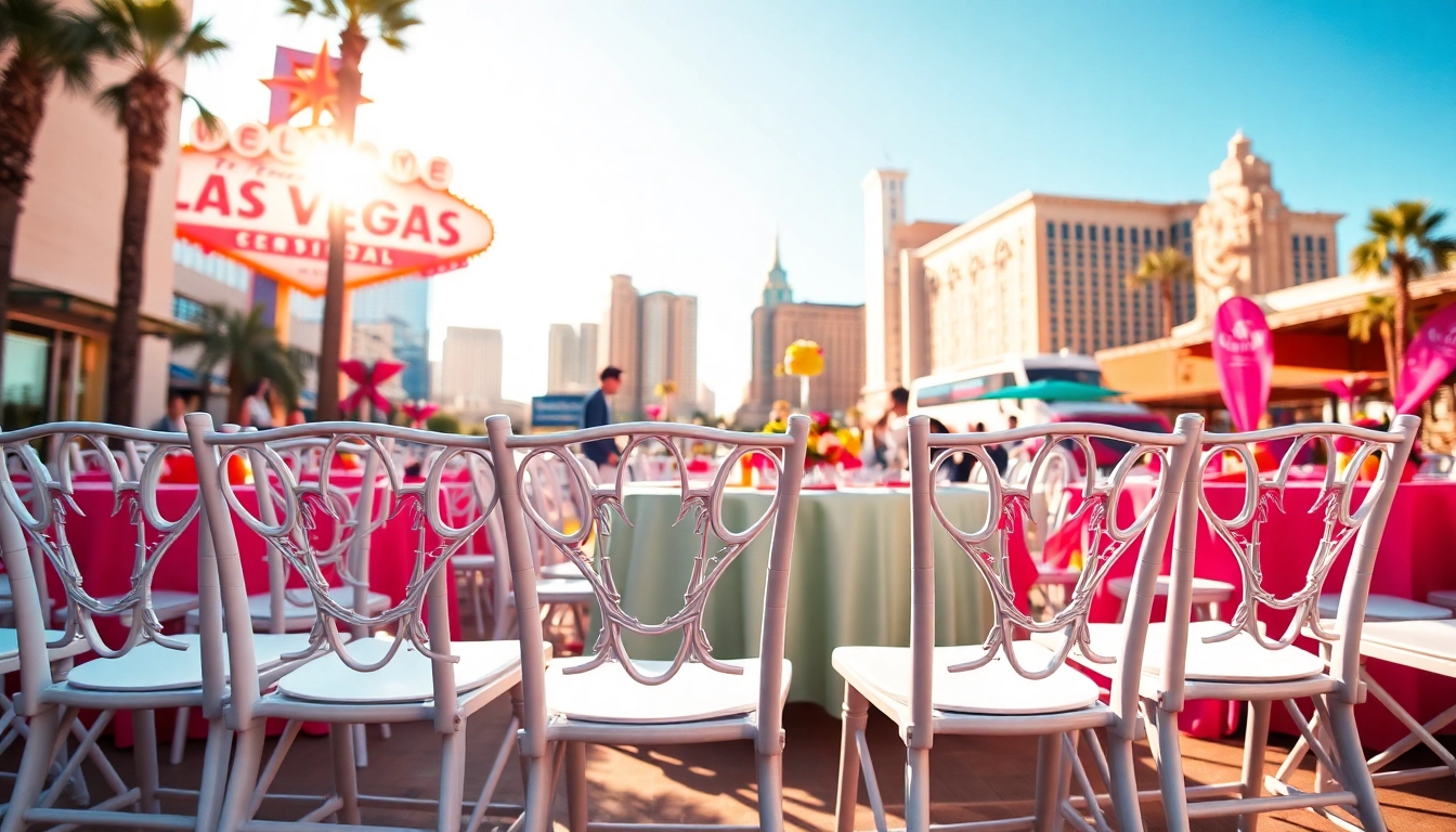 Las Vegas Chair Rentals showcased in a vibrant outdoor event with elegant seating and colorful table decor.