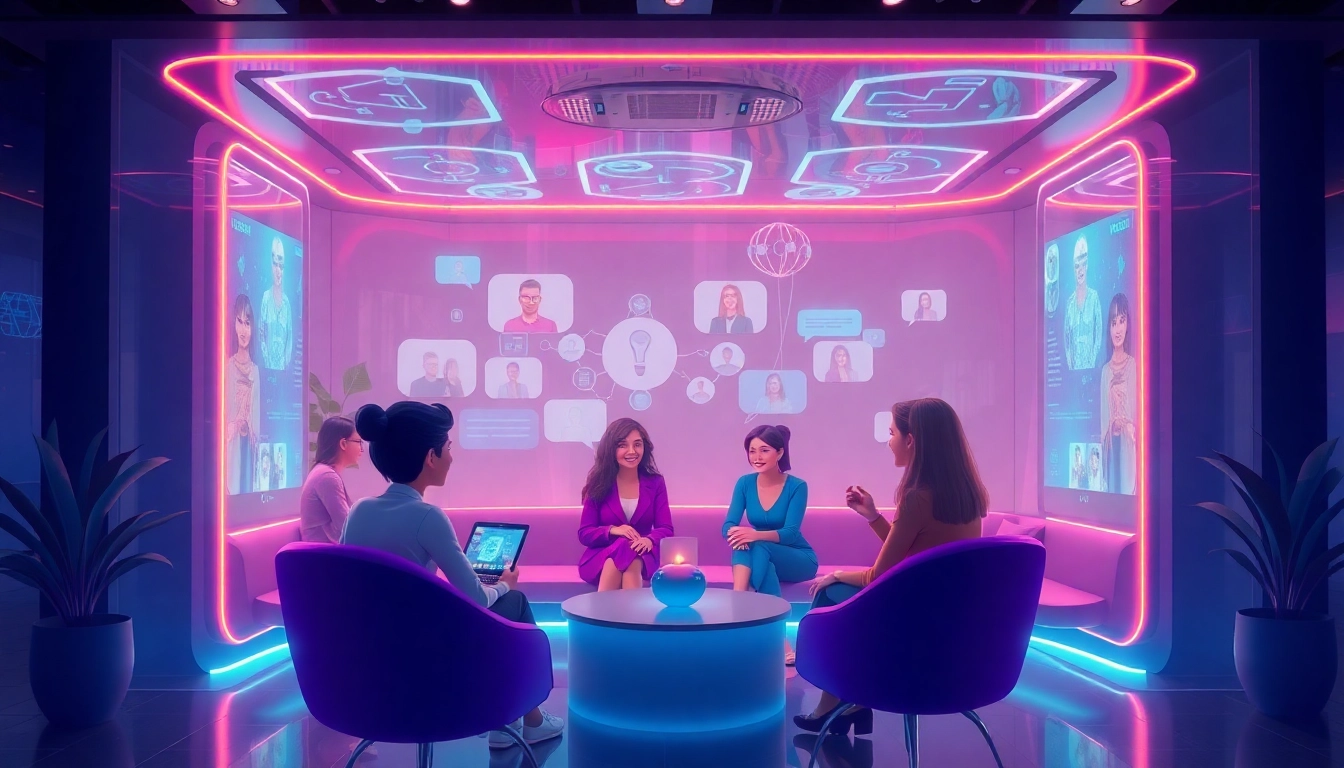 Interactive online lounge atmosphere featuring diverse AI avatars engaged in lively discussions, showcasing sex chat AI innovation.