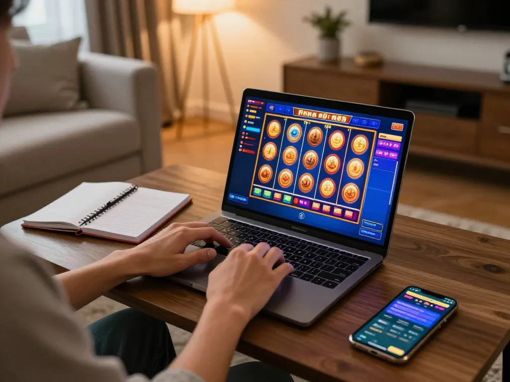 Player engaged with SC88 online casino gaming on a laptop, showcasing vibrant slot game interface