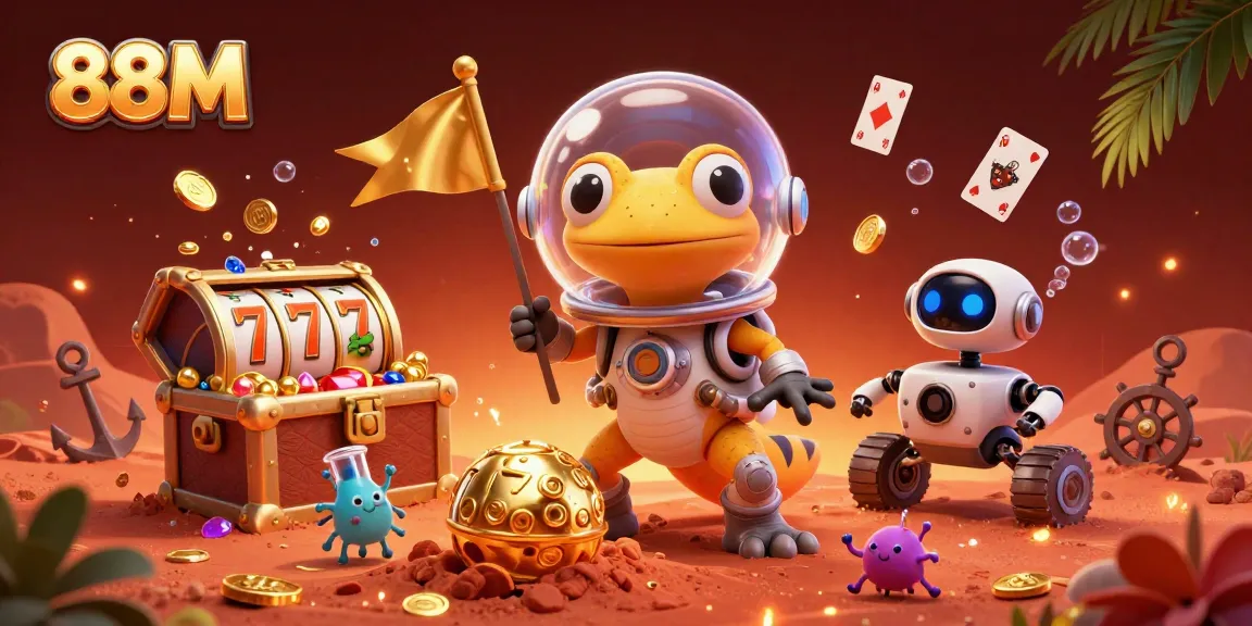 Experience the excitement of 88M's casino with golden treasures and vibrant gaming action.