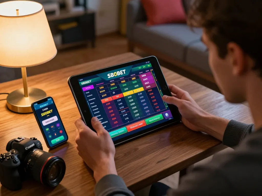SBOBET live betting interface displayed on a tablet during an online gaming session, cozy home setting.
