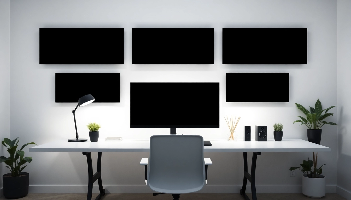 Black screen displayed on multiple monitors in a modern workspace promoting concentration and minimalism.