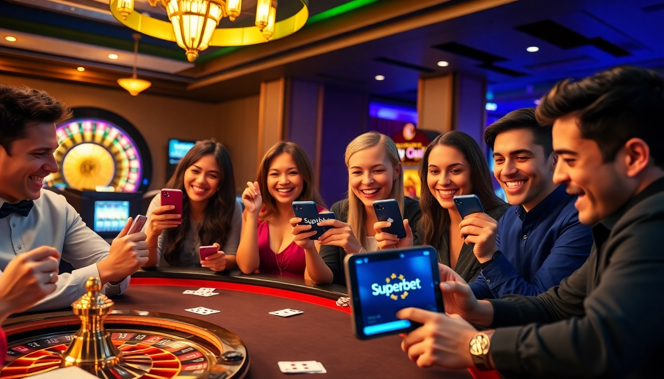 Players engaged in thrilling games with the Superbet App on their mobile devices at a vibrant casino.
