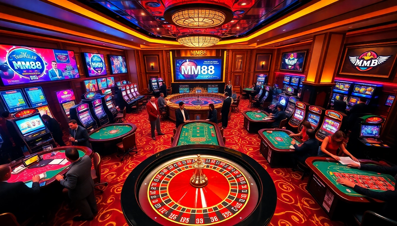 Players enjoying a thrilling game at MM88 casino with vibrant tables and slot machines.