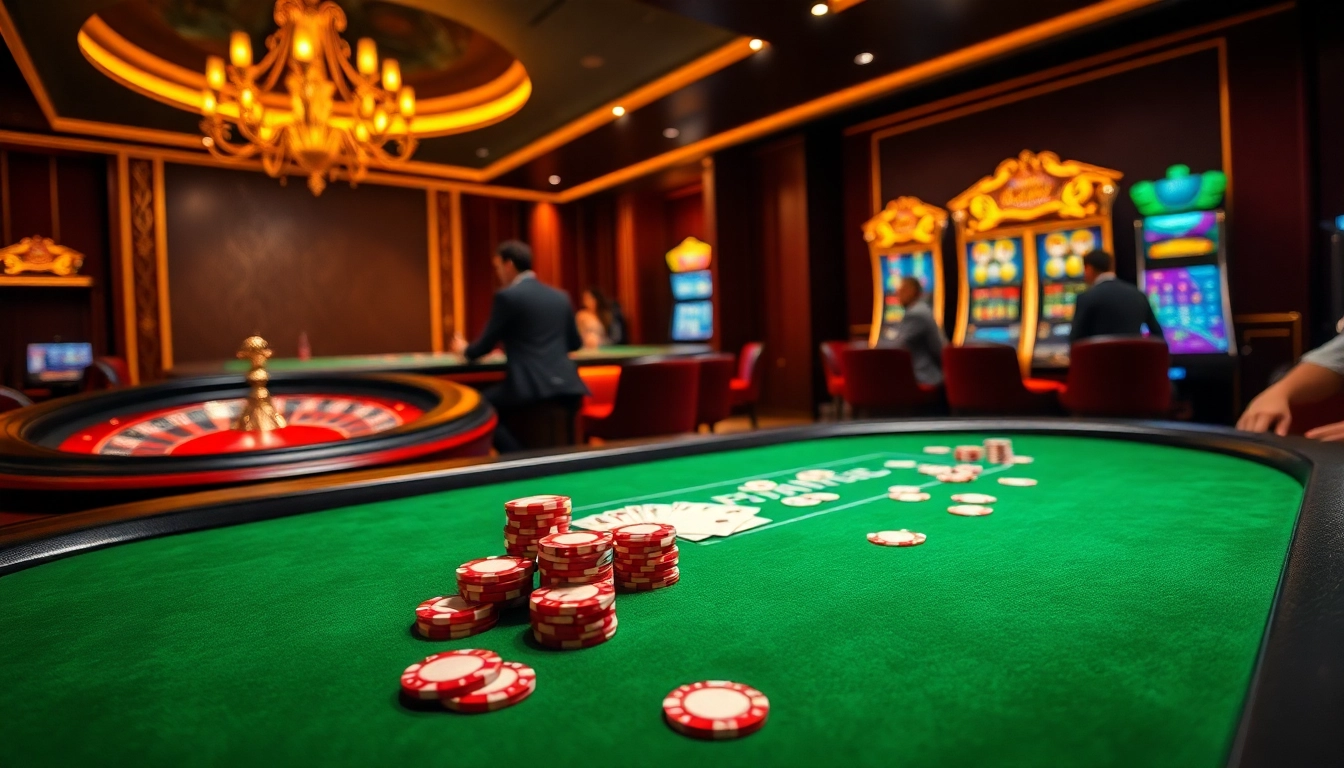 Ambiance de casino en ligne excitante avec des tables de poker, des roues de roulette et des machines à sous vibrantes.