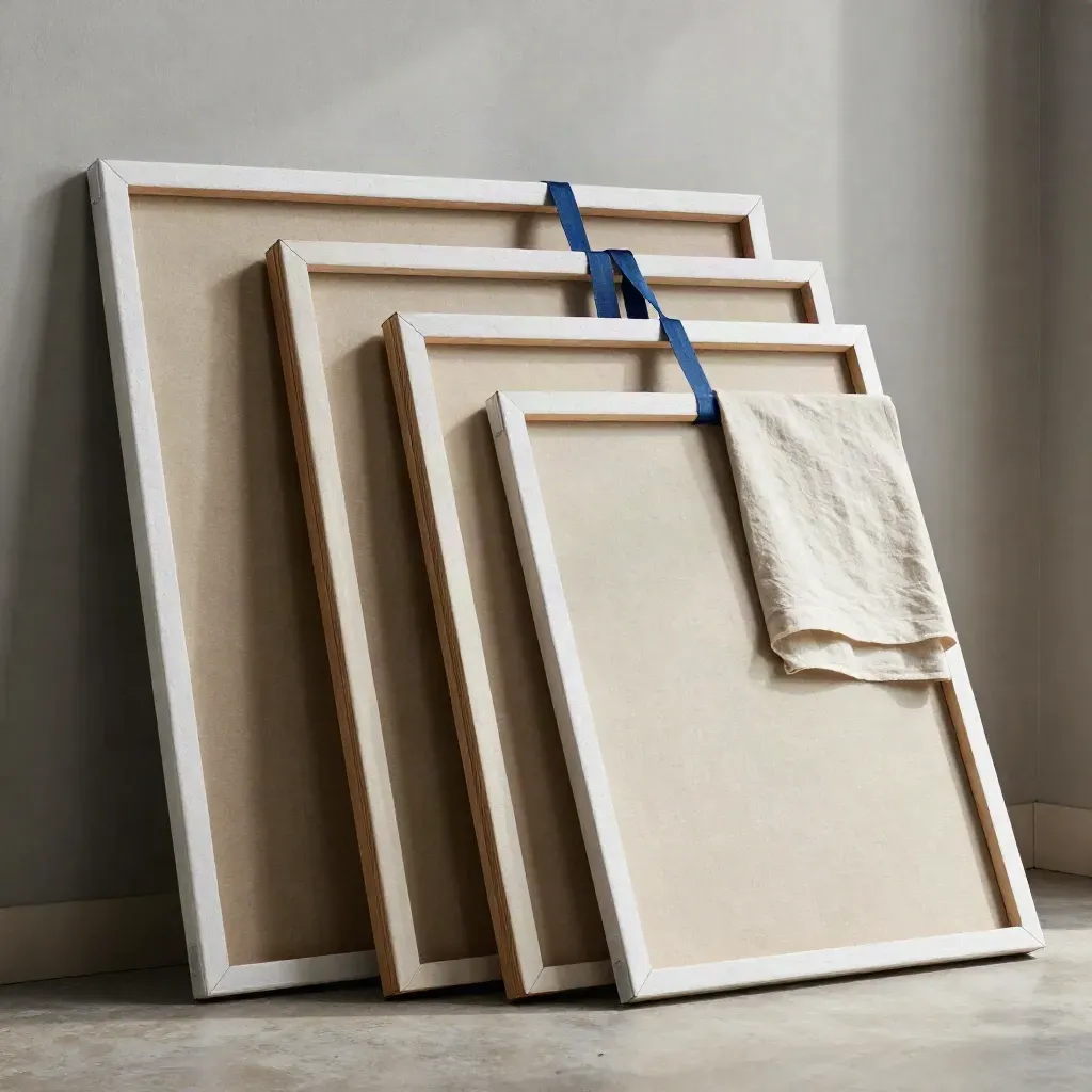 Stacked canvas prints, shipping carton and linen throw in a sunlit studio loft.