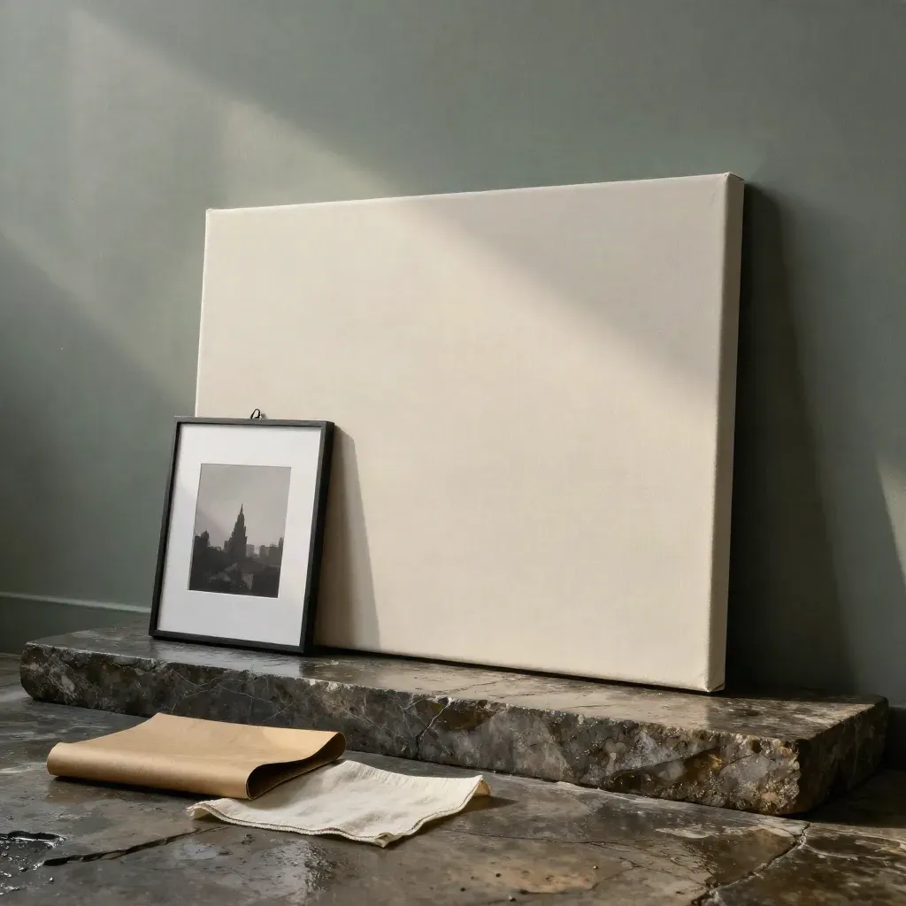 Oversized custom canvas print with frame sample, cleat, wrap, and linen swatch in dramatic rain-lit studio.