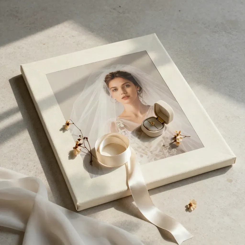 Ivory wedding canvas with ribbon, dried blossoms, and a ring box nestled in soft fabric.