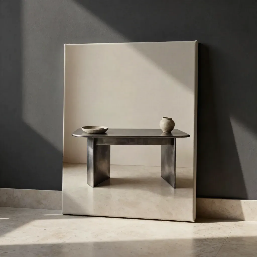 Office canvas print in a travertine lobby with sculpture, tray, planter, and crisp shadow.