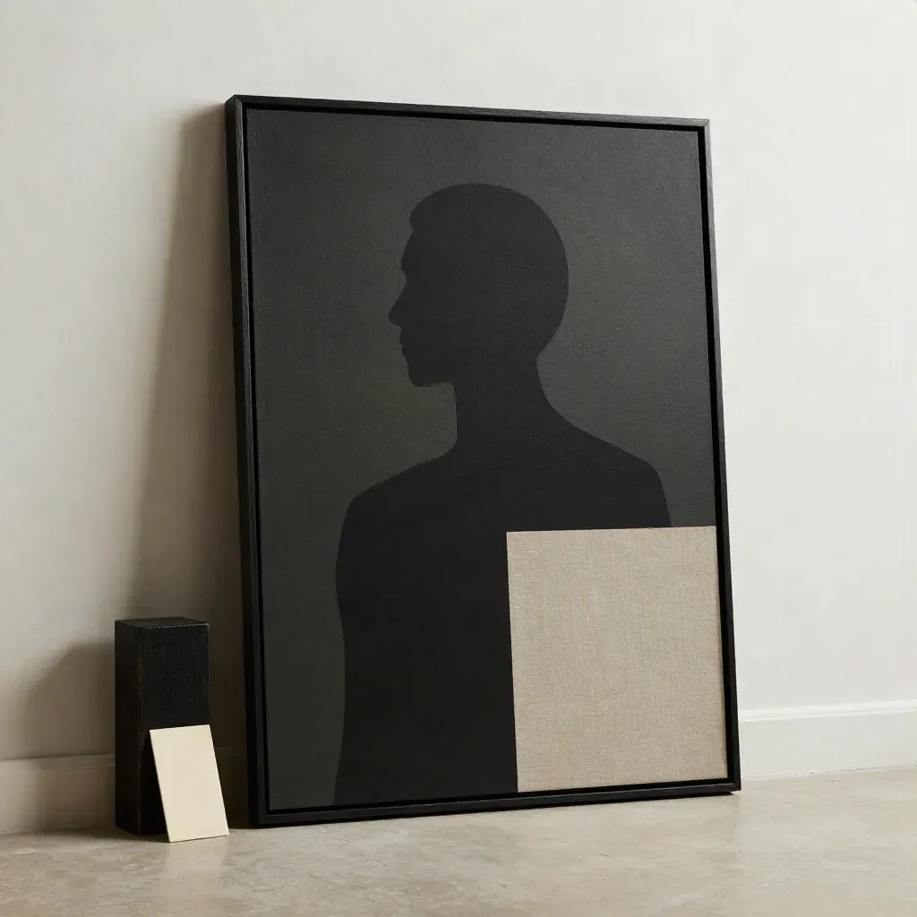 Black framed canvas on plaster wall with linen sample and wood block