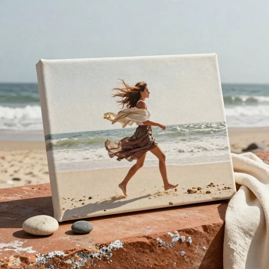Travel canvas print in sea air with shell, pebble, and linen on terracotta stone.