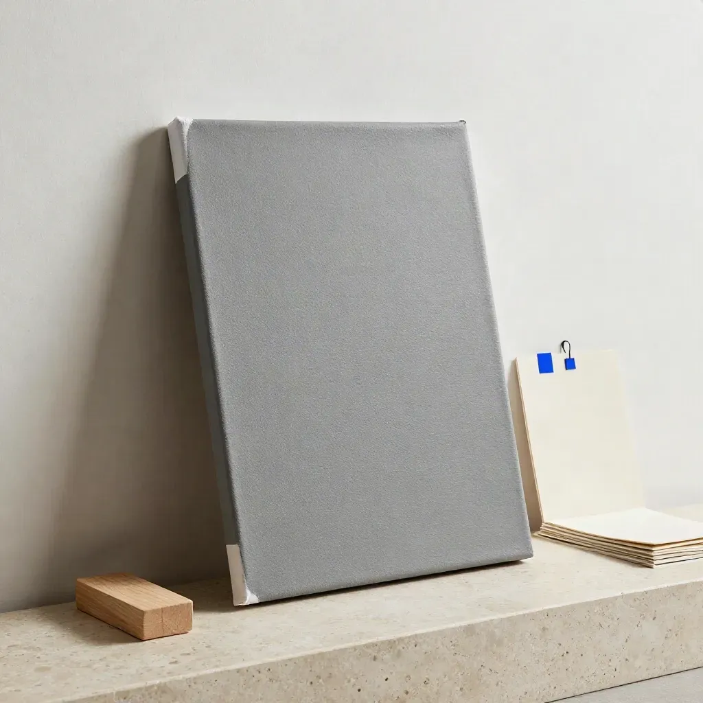 12x16 gallery-wrap canvas with oak spacer block and hanging strip on a limestone step.