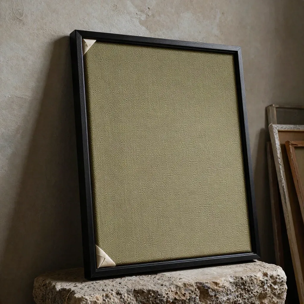 Close-up of a black-framed 24x36 canvas on stone with folded paper wrap and rough plaster.