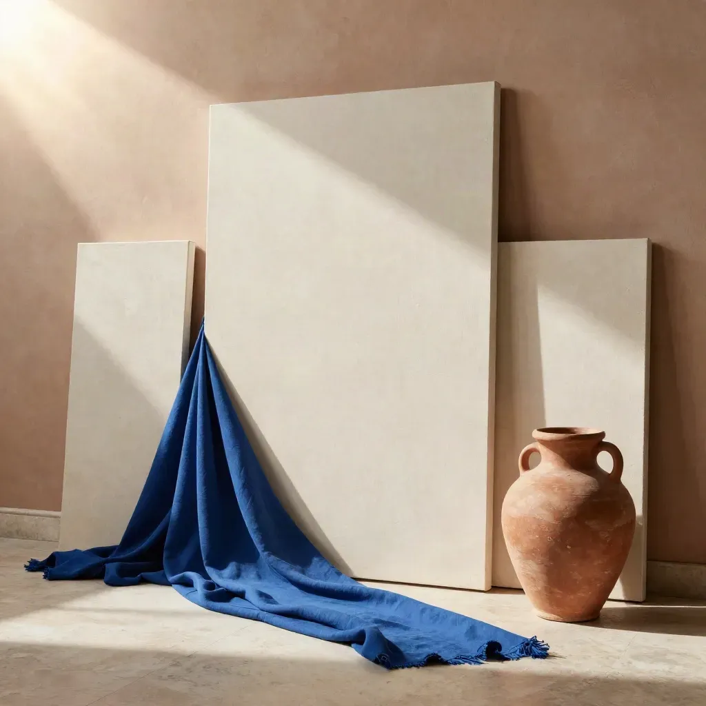 Sunlit wall canvas set with cobalt drape and terracotta form