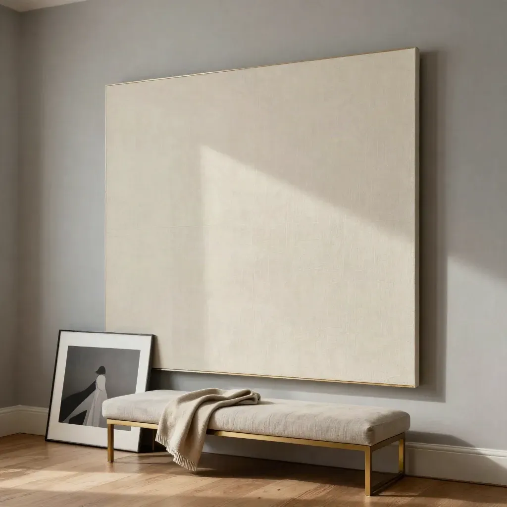 Large canvas print above a linen bench with companion prints and a wool throw in soft daylight.