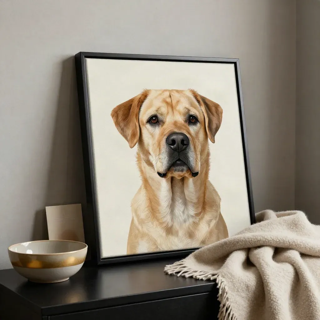 Framed pet canvas with dog portrait, wool throw and ceramic bowl in a moody alcove.
