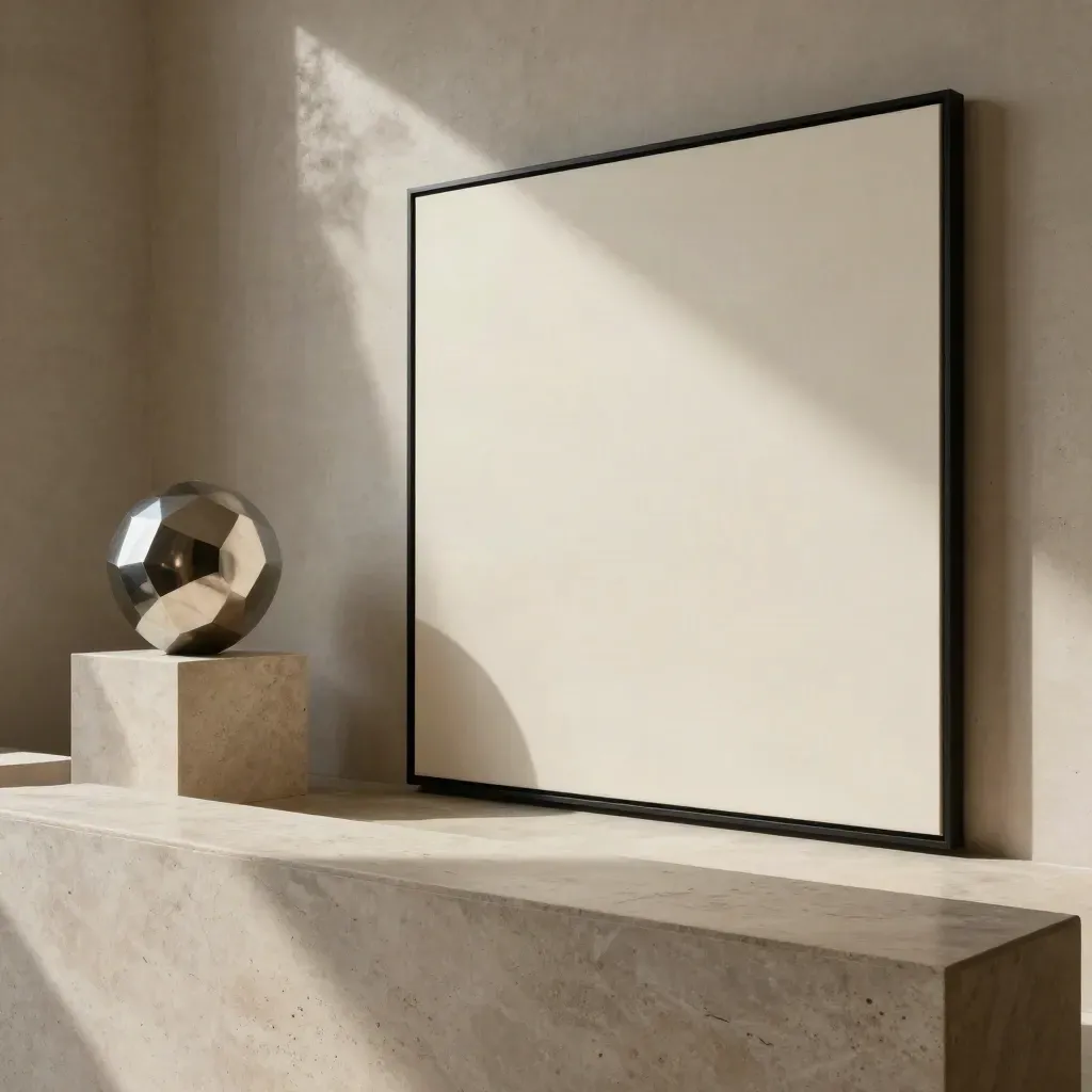 Low-angle hero canvas with black wrap edge, metal sculpture and stone cube on a limestone plinth.