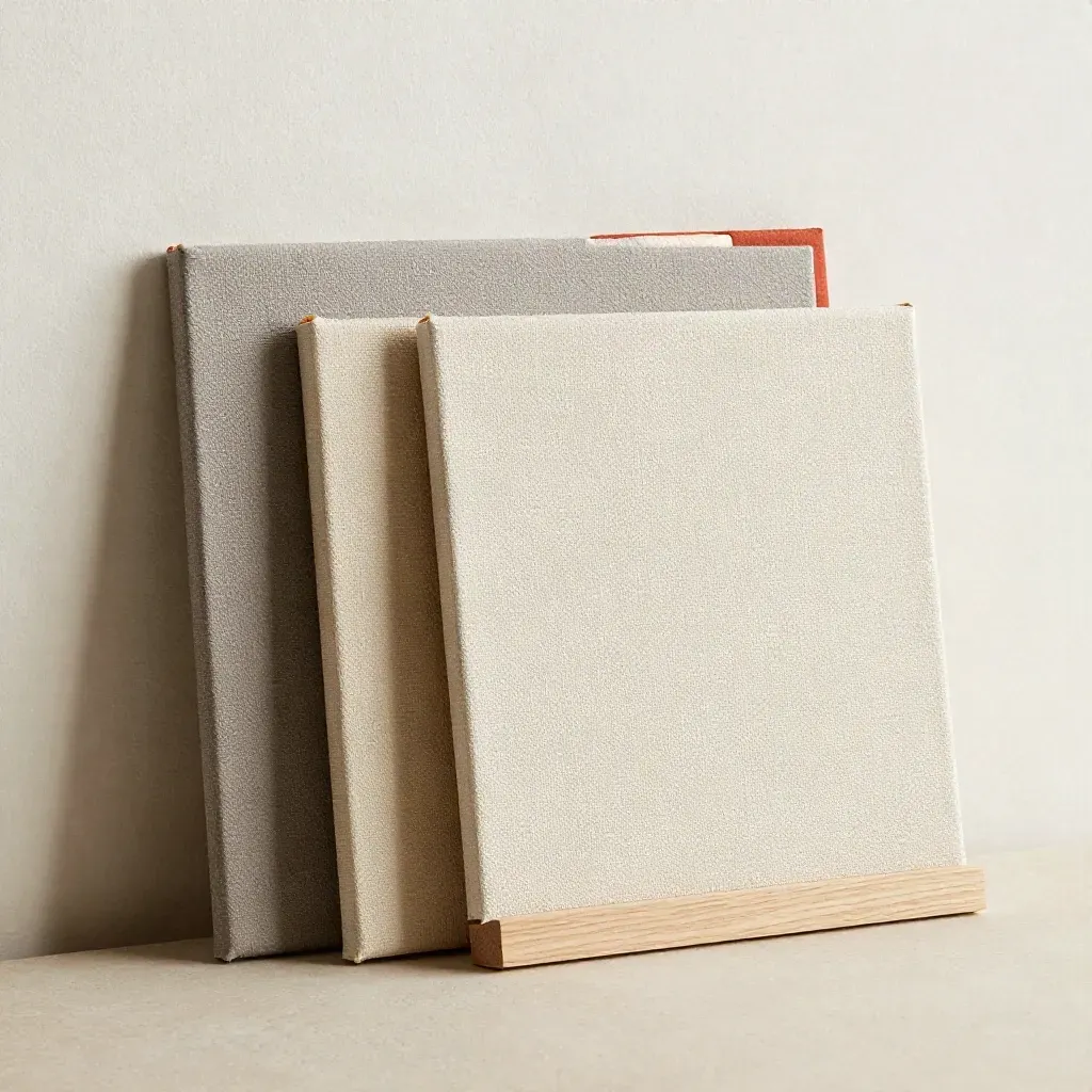 Square canvas macro with corner samples, oak block, and terracotta accent against plaster.