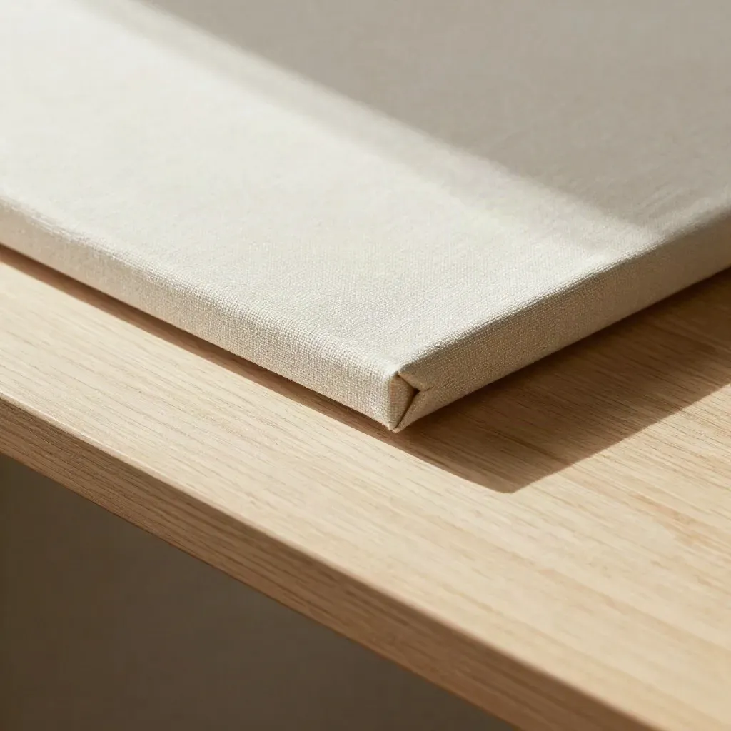 Sunlit oak ledge with canvas edge and linen fold above a calm pale wood field.