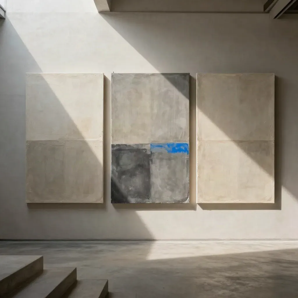 Sunlit loft wall with a high triptych above quiet concrete floor and long stair shadows.